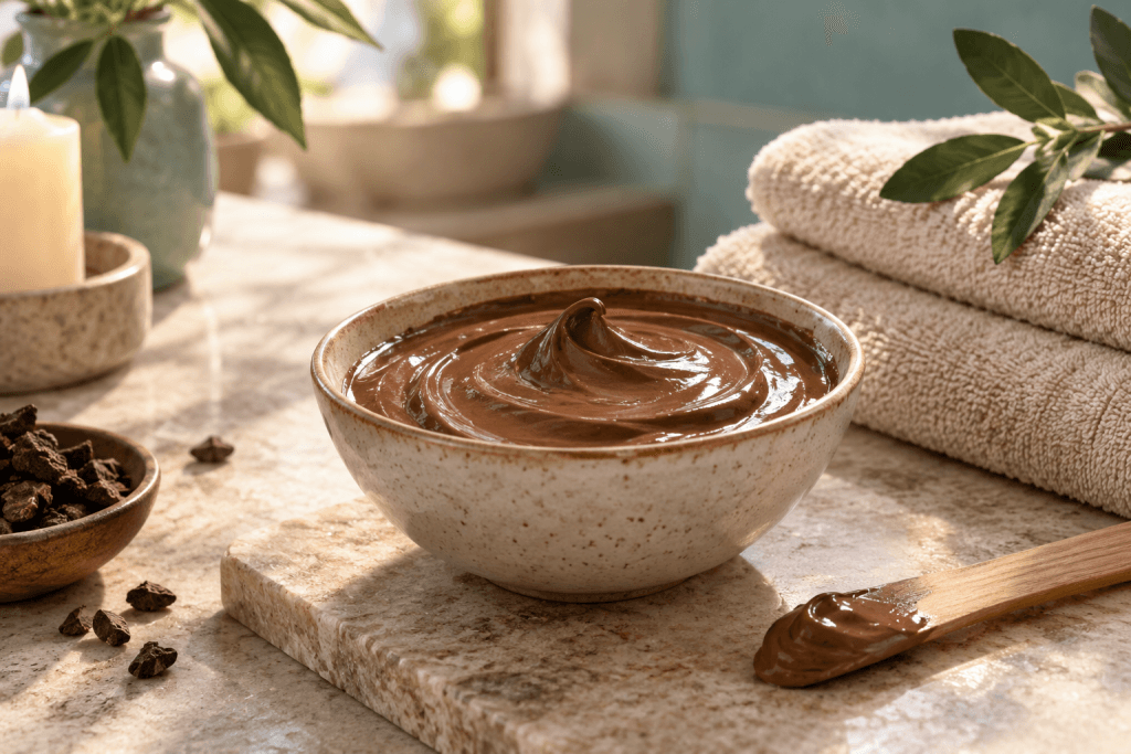 Chocolate massage cream in a ceramic bowl, with a spatula and towels – AI illustration