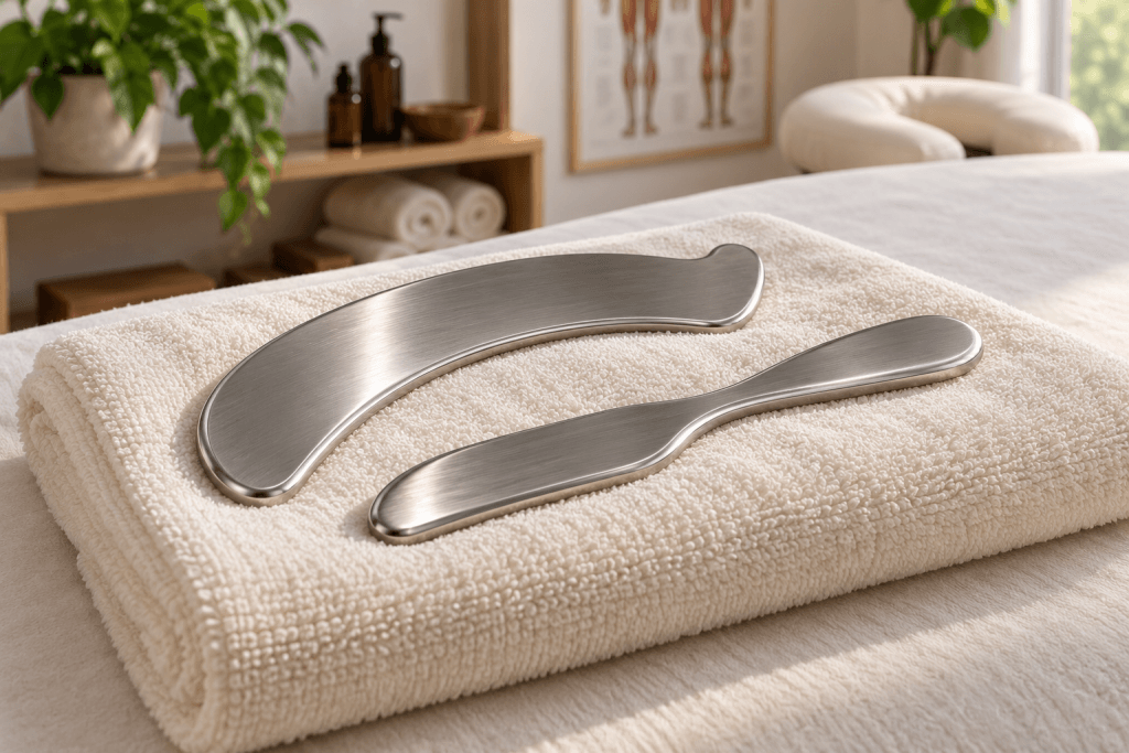 Metal fascia knife massage tools with smooth edges on a towel – AI illustration